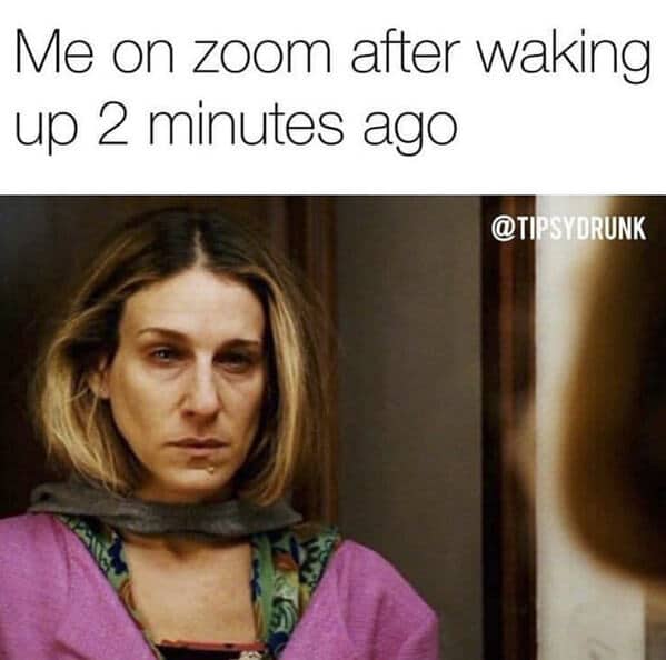 Funny Zoom Memes about waking up two minutes before the zoom and looking awful