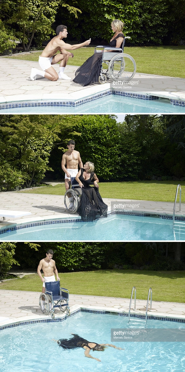 WTF stock photos murder scene wheelchair by pool getting thrown in