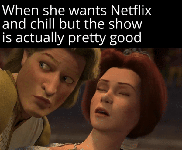 Funny dank memes from reddit image of princess fiona sleeping and prince looking away and the text says When she wants to Netflix and chill but the show is actually good.