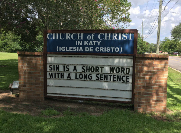 sin is a short word with a long sentence, Funny church signs, humorous signs, jokes about god and church, clean humor