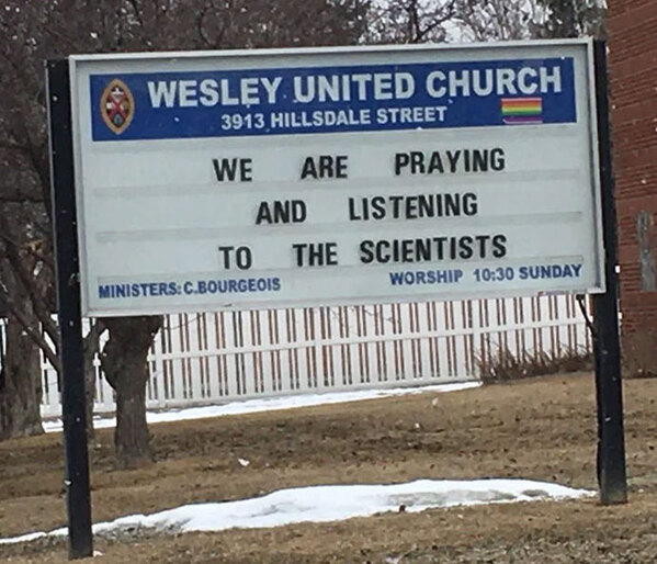 we are praying and listening to the scientists, Funny church signs, humorous signs, jokes about god and church, clean humor