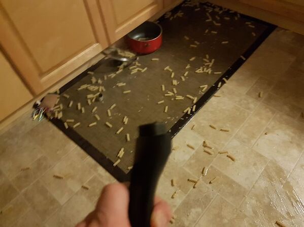 pasta all over the floor and the handle of the pot broke off, funny people having a worse day, well that sucks