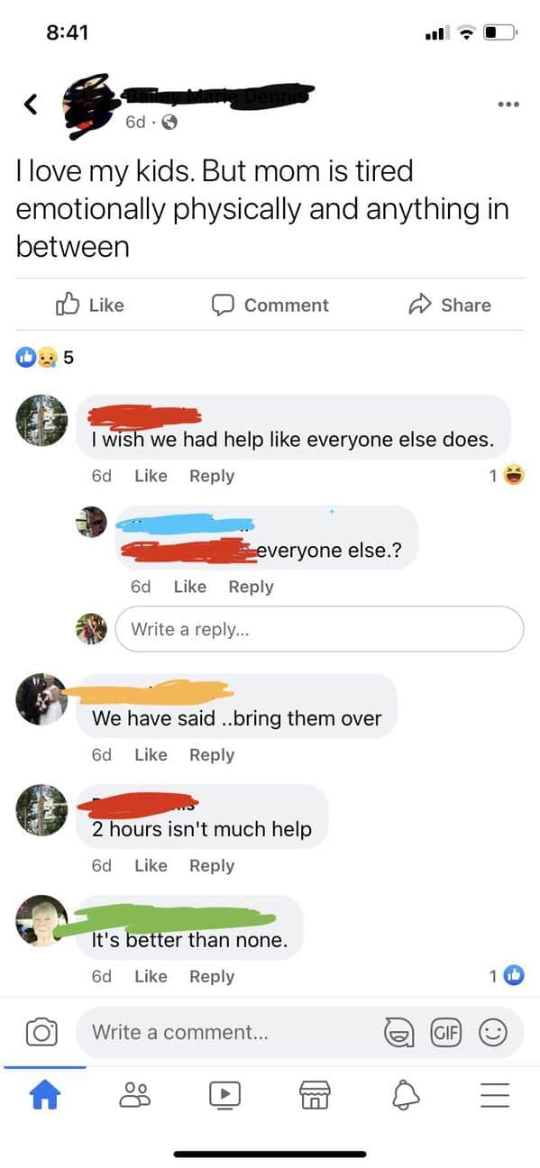 mom pleading for help and grandma offering it but only for a few hours at a time, mom says it's not good enough, funny entitled people stories