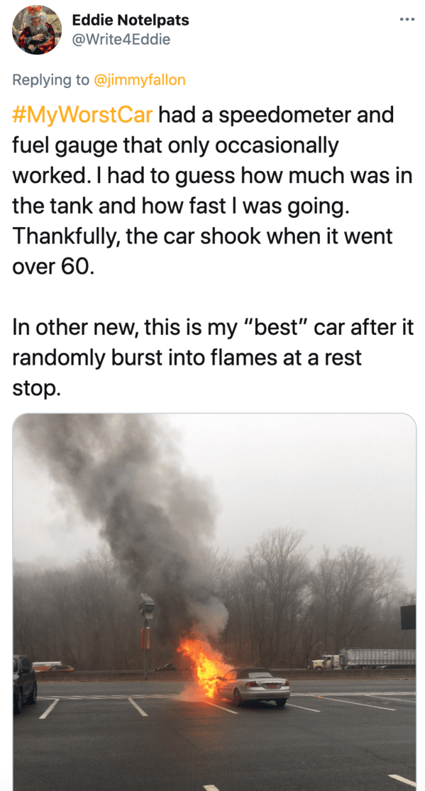 My worst car, Jimmy Fallon hashtag games, twitter challenges, best jimmy Fallon tweets, funny twitter answers to Jimmy Fallon, comedians share worst car stories