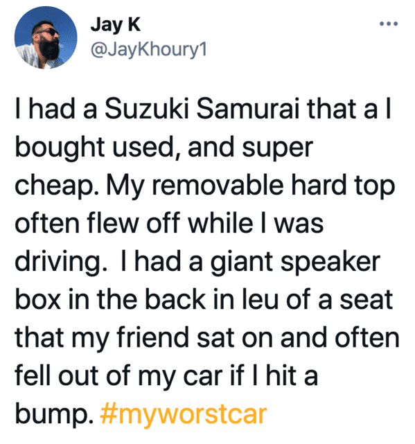 My worst car, Jimmy Fallon hashtag games, twitter challenges, best jimmy Fallon tweets, funny twitter answers to Jimmy Fallon, comedians share worst car stories