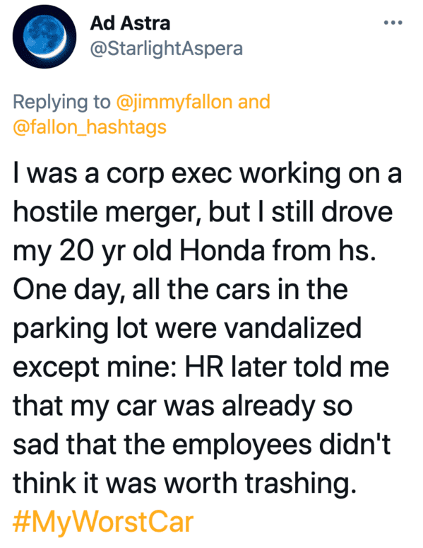 My worst car, Jimmy Fallon hashtag games, twitter challenges, best jimmy Fallon tweets, funny twitter answers to Jimmy Fallon, comedians share worst car stories