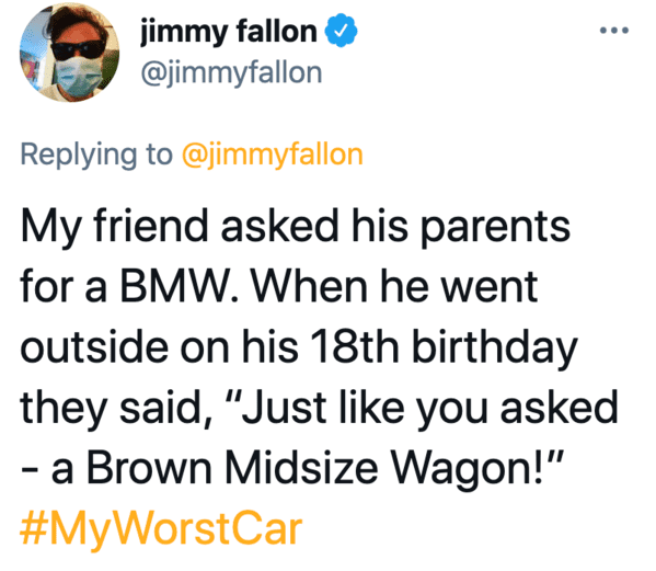 My worst car, Jimmy Fallon hashtag games, twitter challenges, best jimmy Fallon tweets, funny twitter answers to Jimmy Fallon, comedians share worst car stories