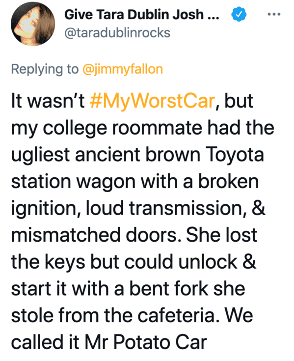 My worst car, Jimmy Fallon hashtag games, twitter challenges, best jimmy Fallon tweets, funny twitter answers to Jimmy Fallon, comedians share worst car stories