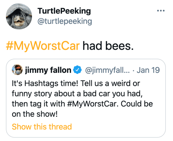 My worst car, Jimmy Fallon hashtag games, twitter challenges, best jimmy Fallon tweets, funny twitter answers to Jimmy Fallon, comedians share worst car stories