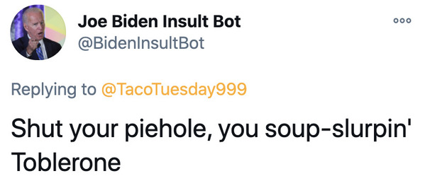 Joe Biden insult generator, funny insult twitter bot, president Joe Biden, insulting tweets, funny roast jokes, twitter bots