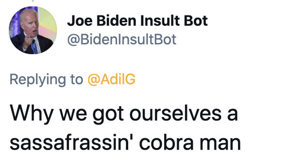 Joe Biden insult generator, funny insult twitter bot, president Joe Biden, insulting tweets, funny roast jokes, twitter bots