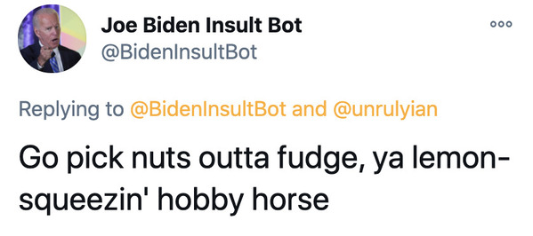Joe Biden insult generator, funny insult twitter bot, president Joe Biden, insulting tweets, funny roast jokes, twitter bots