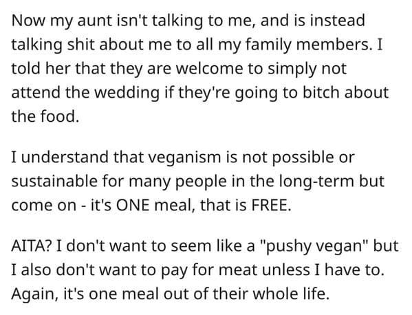 AITA Vegan wedding, picky eater uncle story, wedding horror stories, reddit am I the asshole post, funny wedding planning story, vegans, meat eaters, rude wedding guests, nta, not the asshole