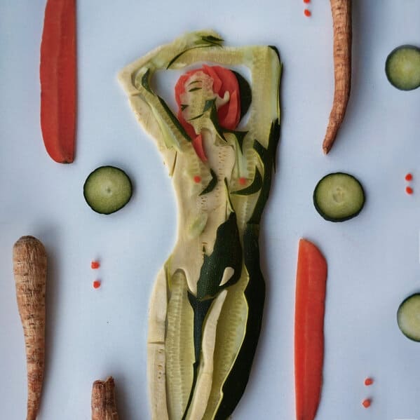 Food porn, body positivity, art, everyday objects, painting, sketches, cool art, jolita vaitkute, funny naked photos with vegetables and fruit, food made into art, artist makes food into sexy art