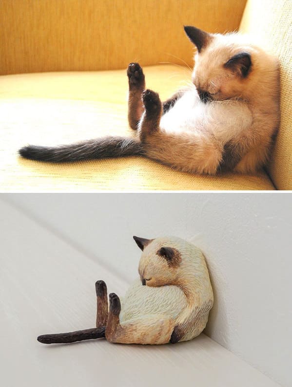 Funny Animal sculpture recreations, Japanese artists remakes cat photos as statues, hilarious animal pics, great gift ideas, remakes of animal pictures in ceramic form, twitter, meetissai