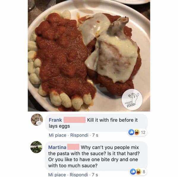 Italians getting mad at food, hilarious comments about bad cooking, Italian comments roasting food, bad Italian food, do not make pasta like that, mean people on the internet, funny pics of food