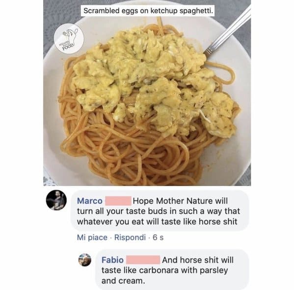 Italians getting mad at food, hilarious comments about bad cooking, Italian comments roasting food, bad Italian food, do not make pasta like that, mean people on the internet, funny pics of food