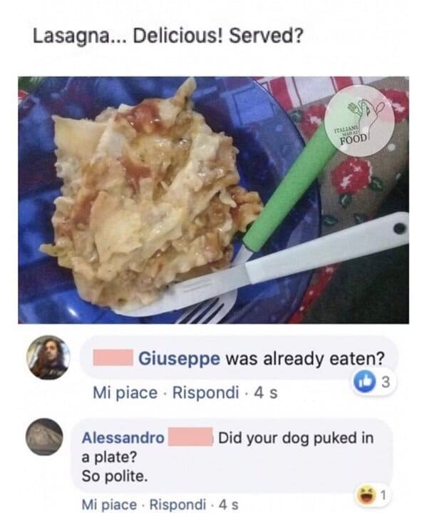 Italians getting mad at food, hilarious comments about bad cooking, Italian comments roasting food, bad Italian food, do not make pasta like that, mean people on the internet, funny pics of food