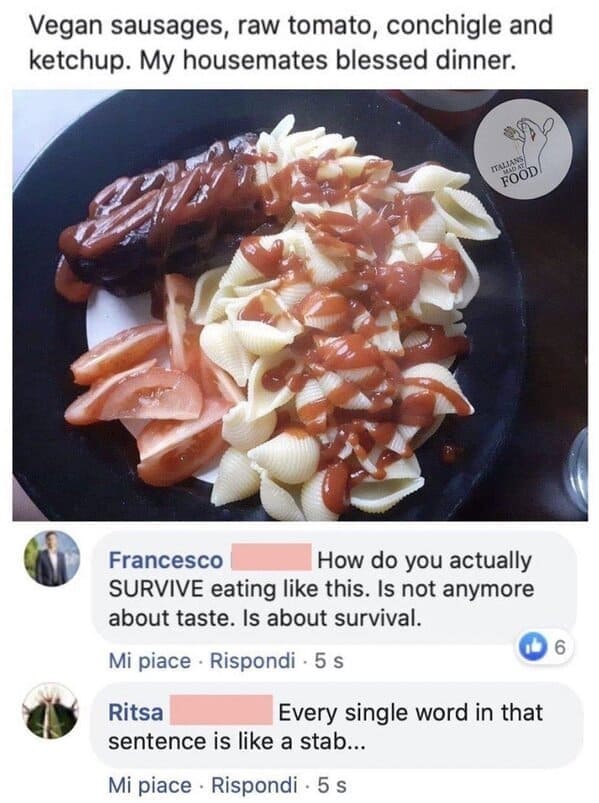 Italians getting mad at food, hilarious comments about bad cooking, Italian comments roasting food, bad Italian food, do not make pasta like that, mean people on the internet, funny pics of food