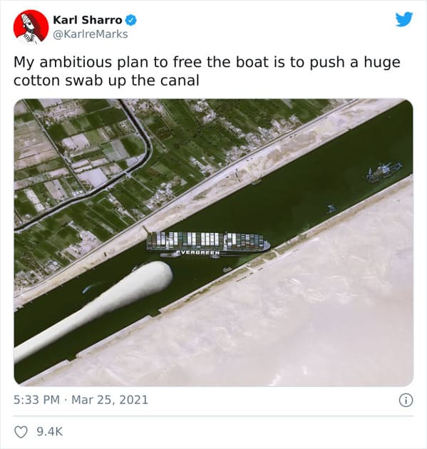 Funny Suez Canal memes, tweets about the stuck ship, boat stuck in the water, evergreen boat, shipping freight stuck in Egypt, funny hilarious pics of boat stuck