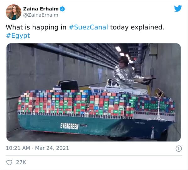 Funny Suez Canal memes, tweets about the stuck ship, boat stuck in the water, evergreen boat, shipping freight stuck in Egypt, funny hilarious pics of boat stuck