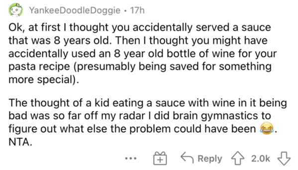 Am I the asshole, serving red wine, red wine sauce kid, red wine in pasta sauce alcohol content, child wine coworker story, AITA, reddit