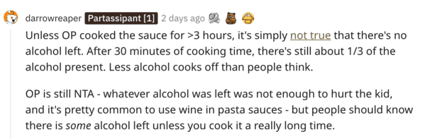 Am I the asshole, serving red wine, red wine sauce kid, red wine in pasta sauce alcohol content, child wine coworker story, AITA, reddit