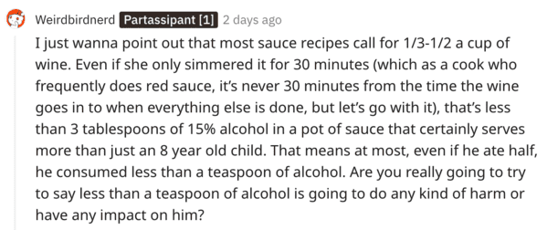 Am I the asshole, serving red wine, red wine sauce kid, red wine in pasta sauce alcohol content, child wine coworker story, AITA, reddit