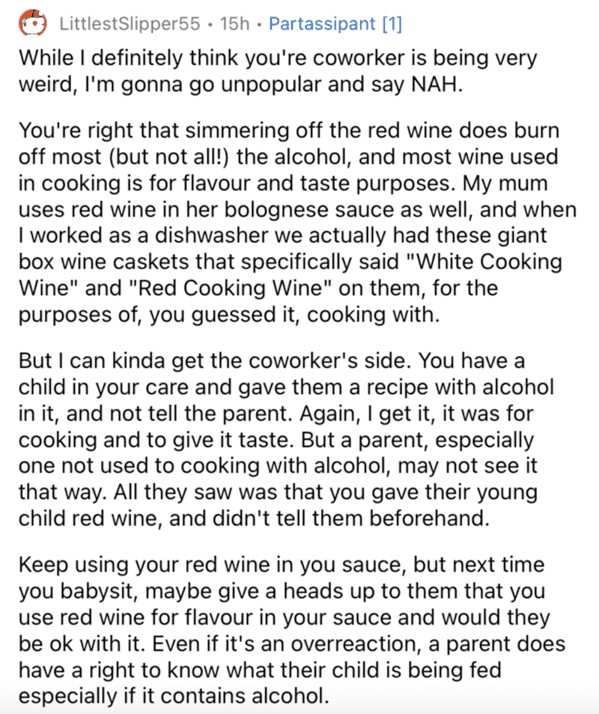 Am I the asshole, serving red wine, red wine sauce kid, red wine in pasta sauce alcohol content, child wine coworker story, AITA, reddit