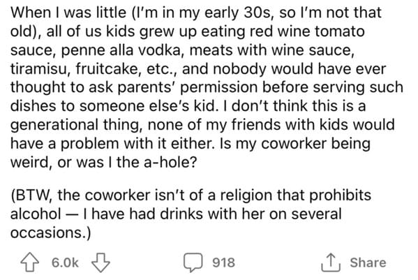 Am I the asshole, serving red wine, red wine sauce kid, red wine in pasta sauce alcohol content, child wine coworker story, AITA, reddit