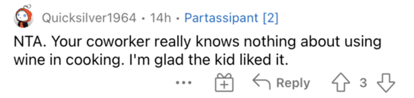 Am I the asshole, serving red wine, red wine sauce kid, red wine in pasta sauce alcohol content, child wine coworker story, AITA, reddit