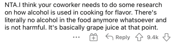 Am I the asshole, serving red wine, red wine sauce kid, red wine in pasta sauce alcohol content, child wine coworker story, AITA, reddit
