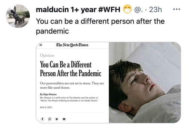 You can be a different person after the pandemic memes, funny tweets about changing personalities, split personality, funny jokes about NY Times Op ed, twitter game, challenge, NYT opinion section jokes, COVID