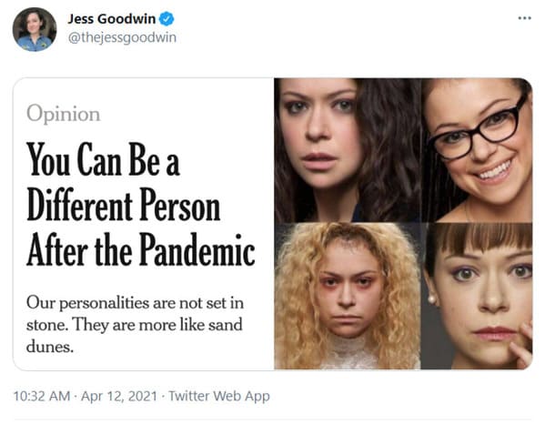 You can be a different person after the pandemic memes, funny tweets about changing personalities, split personality, funny jokes about NY Times Op ed, twitter game, challenge, NYT opinion section jokes, COVID