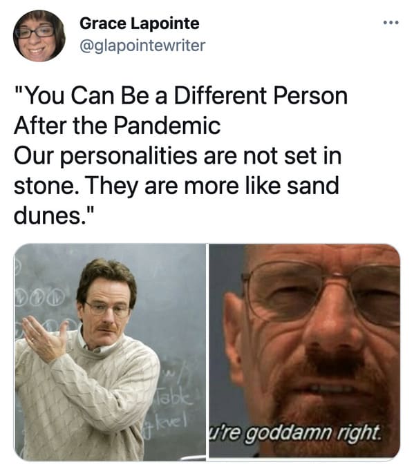 You can be a different person after the pandemic memes, funny tweets about changing personalities, split personality, funny jokes about NY Times Op ed, twitter game, challenge, NYT opinion section jokes, COVID