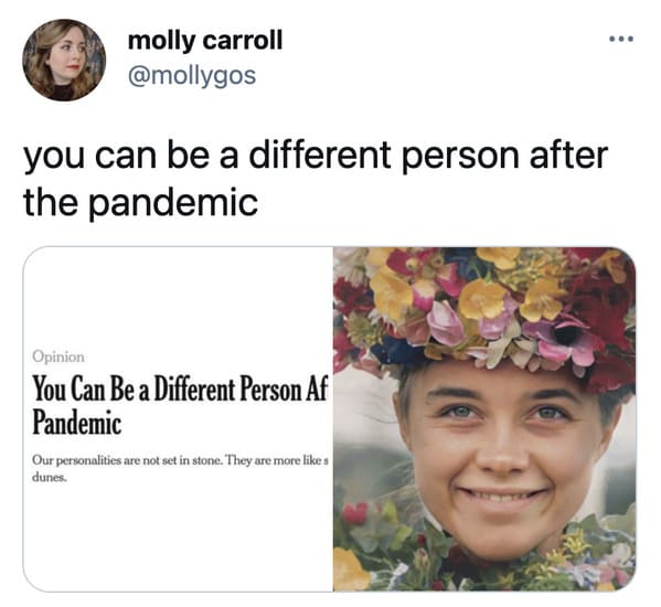 You can be a different person after the pandemic memes, funny tweets about changing personalities, split personality, funny jokes about NY Times Op ed, twitter game, challenge, NYT opinion section jokes, COVID