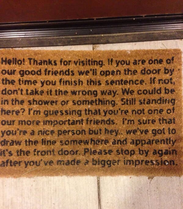 Funny doormats, funny pics from houseguests, r funny, reddit, jokes, dog jokes, weird signs, houseguests not feeling welcome, hilarious signs outside house, lol