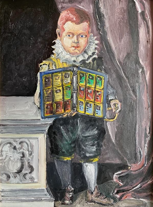 Small boy in painting showing off what looks like a catalog of playing cards, Funny Fake history photos, r fakehistoryporn, facts about history that are not true, false textbook photos, historical pics with funny captions, lol, jokes, old photos with hilarious explanations, funny pics