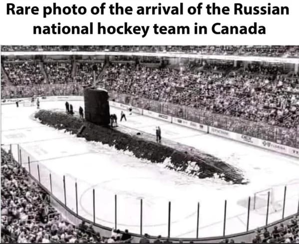 russian sub emerging out of ice in hockey rink, Funny Fake history photos, r fakehistoryporn, facts about history that are not true, false textbook photos, historical pics with funny captions, lol, jokes, old photos with hilarious explanations, funny pics