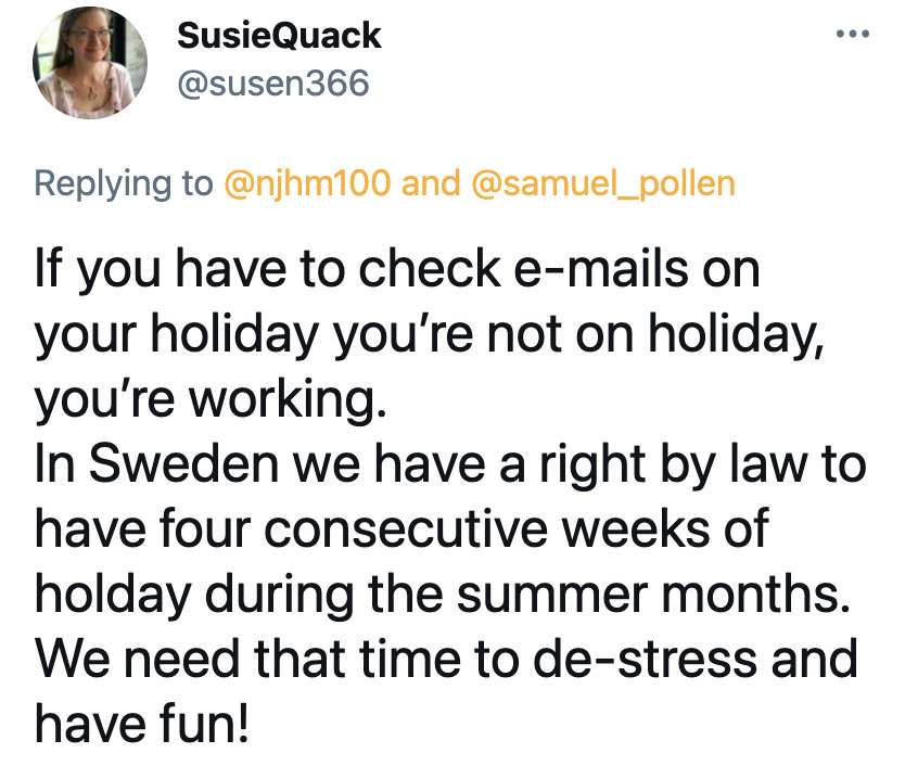 Americans discuss work ethic in other countries, America vacation time issues, European countries out of office message, funny viral tweet about work ethics, Americans are overworked and underpaid