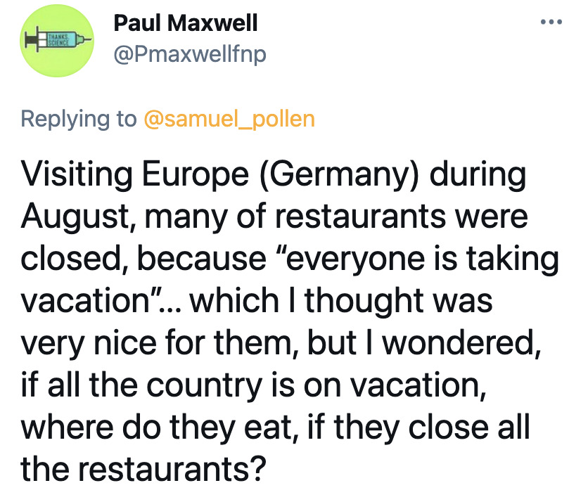 Americans discuss work ethic in other countries, America vacation time issues, European countries out of office message, funny viral tweet about work ethics, Americans are overworked and underpaid