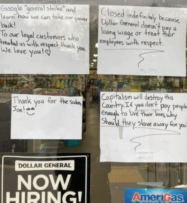 Employees make signs and memes about how nobody wants to work anymore, tweets about general strike, horrible bosses, bad boss passive aggressive signs, employers who suck, minimum wage, no one wants to work, we are closed signs, covid strike, funny memes