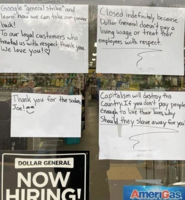 Employees make signs and memes about how nobody wants to work anymore, tweets about general strike, horrible bosses, bad boss passive aggressive signs, employers who suck, minimum wage, no one wants to work, we are closed signs, covid strike, funny memes