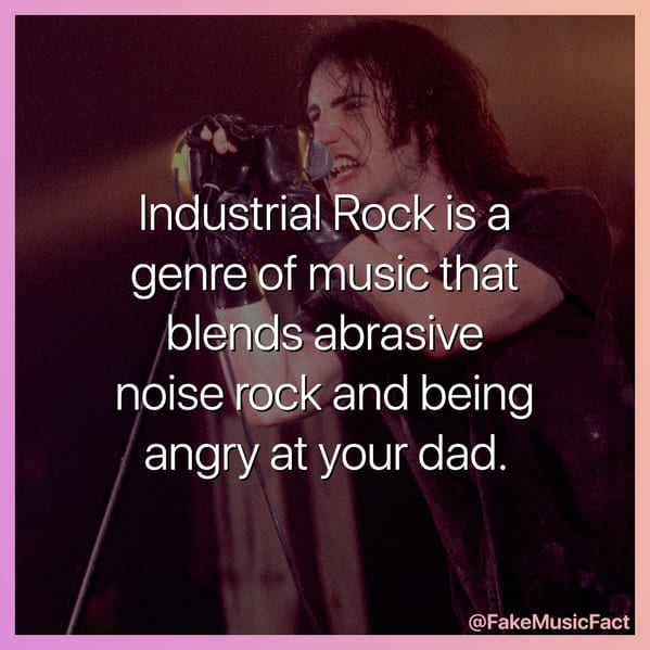Industrial rock nine inch nails, genre of music that combines noise and being mad at your dad, Fake Music Facts Instagram, funny memes about bands, fake history, fake music history, hilarious memes, fakemusicfact, instagram, comedy, lol, jokes, memes, musicians