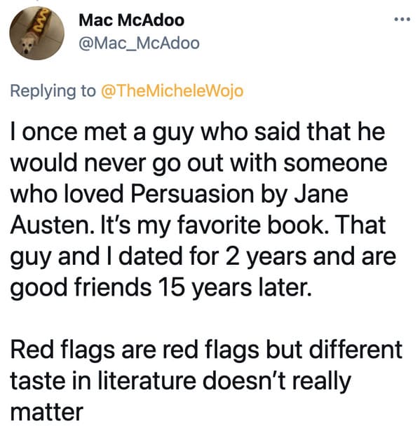 Favorite book red flag viral twitter thread, tweets about favorite novels, books that are red flags, novels, reading, dating, single, people who judge other people’s taste in literature, viral tweet