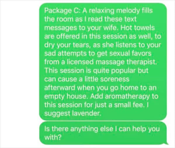 Guy shut down by masseuse for asking for happy ending texts, funny fails, dude embarrasses himself by asking for hand job from massage parlor, funny mean texts, cheater caught 