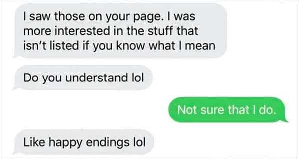 Guy shut down by masseuse for asking for happy ending texts, funny fails, dude embarrasses himself by asking for hand job from massage parlor, funny mean texts, cheater caught 