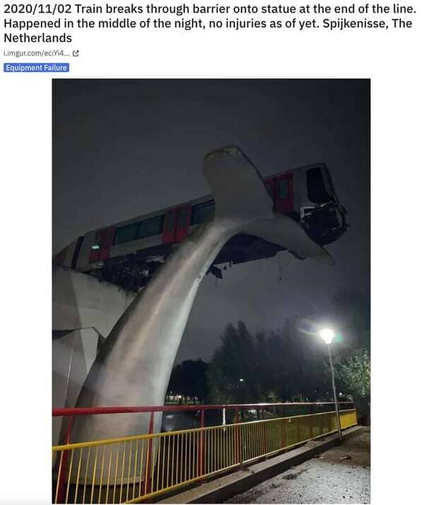 whale tail statue holding up derailed train, Never tell me the odds, r nevertellmetheodds, reddit, funny pics, impossible moments caught on camera, things that actually happened against all odds, weird, cool, perspective