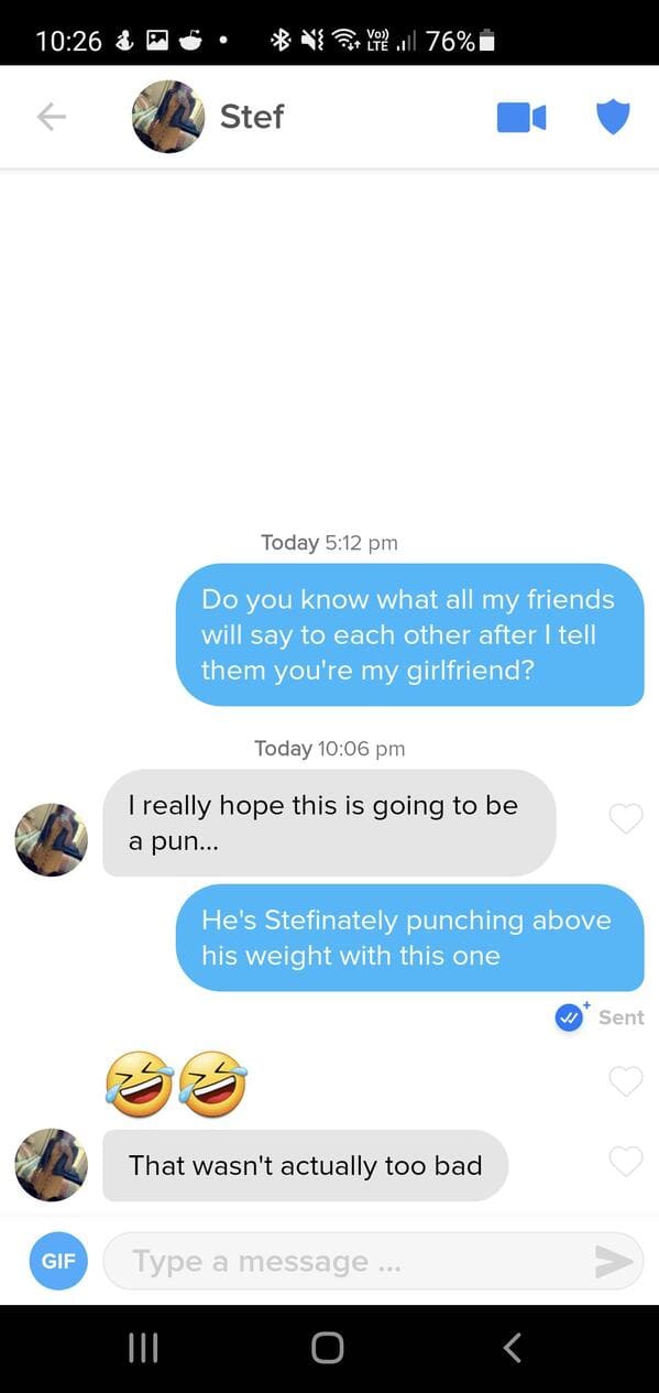 Puns on tinder that actually worked, funny dating app conversations, screenshots of tinder messages, funny weird tinder name puns, dad jokes