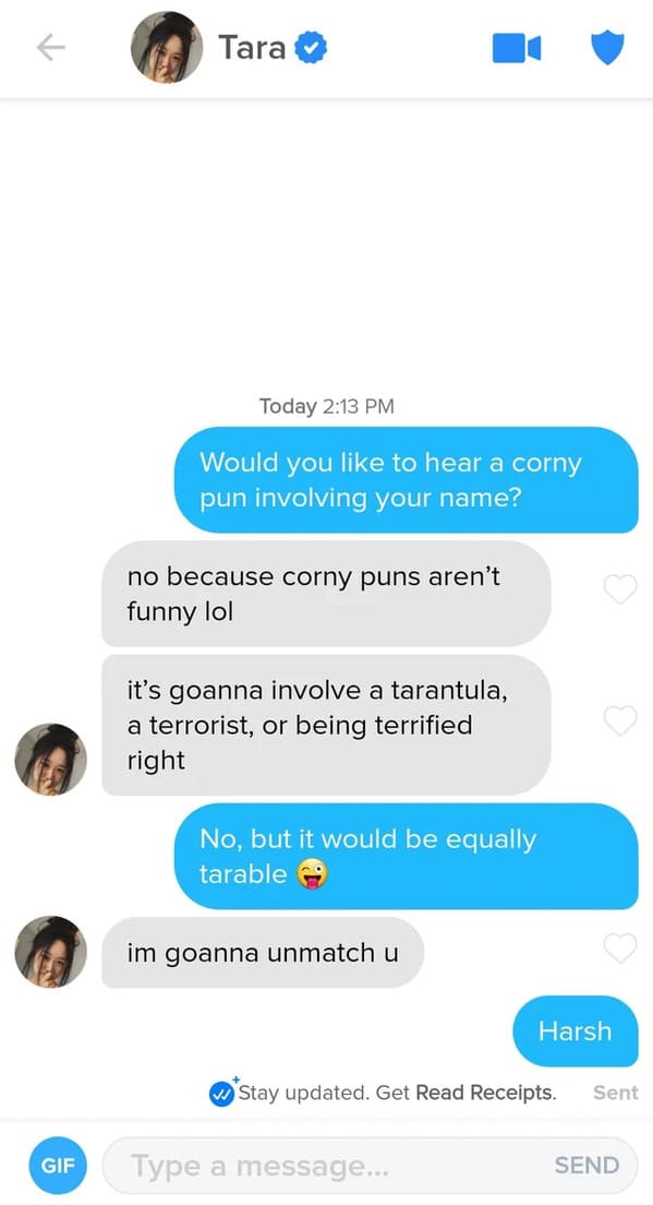 Puns on tinder that actually worked, funny dating app conversations, screenshots of tinder messages, funny weird tinder name puns, dad jokes